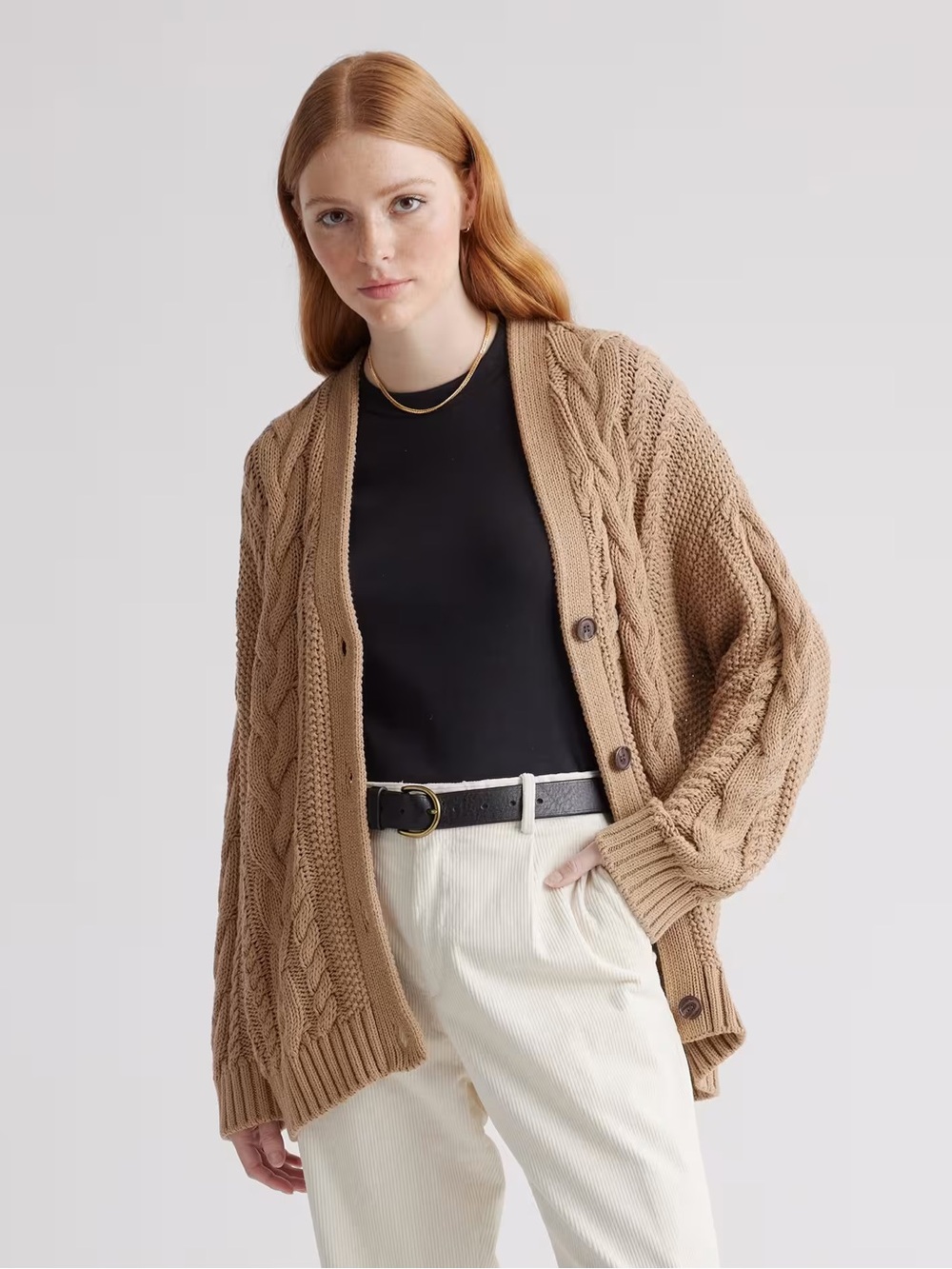 Quince - 100% Organic Cotton Oversized Cable Cardigan size large - camel